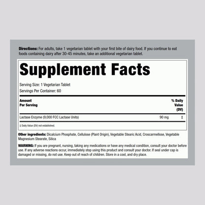 Piping Rock Dairy Relief Pills – Lactase Enzyme Supplement, 9000 FCC, 60 Tablets, Vegetarian, Non-GMO, Gluten Free