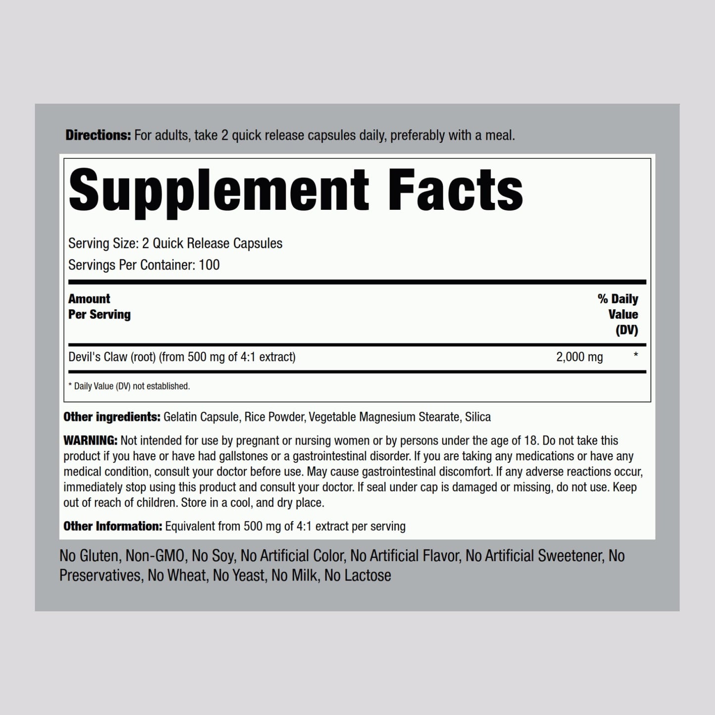 Piping Rock Devils Claw 2000mg | 200 Capsules | Herbal Supplement | Concentrated Extract | Non-GMO, Gluten Free