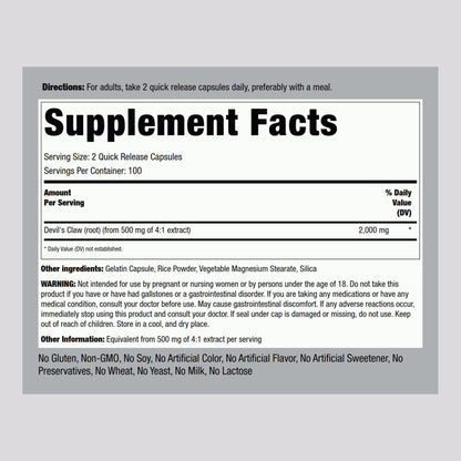 Piping Rock Devils Claw 2000mg | 200 Capsules | Herbal Supplement | Concentrated Extract | Non-GMO, Gluten Free