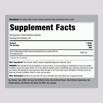 Piping Rock Green Coffee Bean Extract 8000 mg - 90 Capsules | Non-GMO & Gluten Free