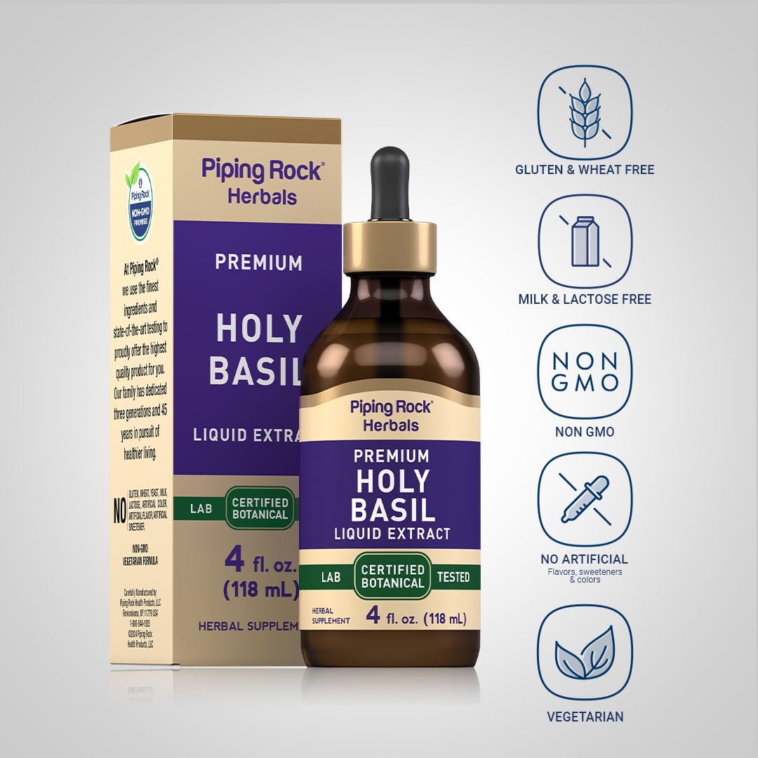 Piping Rock Holy Basil Liquid Extract – 4 Fl Oz | Tulsi Leaf Tincture, Vegetarian, Non-GMO, Gluten Free