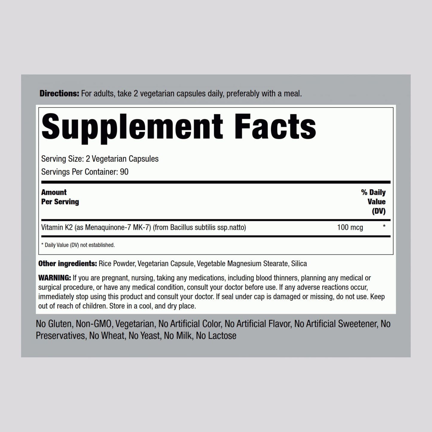 Piping Rock K2 MK7 Vitamin Supplement 100 mcg – 180 Vegetarian Capsules – Non-GMO, Gluten Free