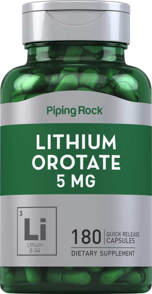 Integratore di Litio Orotato Piping Rock – 5 mg, 180 Capsule | Senza OGM, Senza Glutine