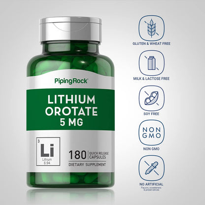 Piping Rock Lithium Orotate Supplement – 5 mg, 180 Capsules | Non-GMO, Gluten Free