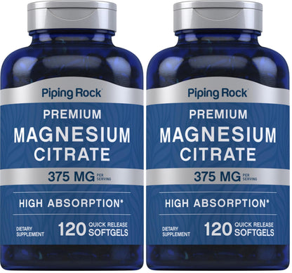 Piping Rock Magnesium Citrate 375 mg - 120 Softgels - High Absorption - Non-GMO, Gluten Free (Pack of 2)