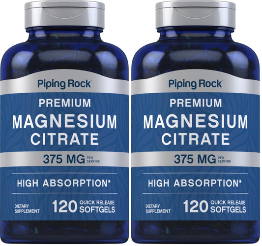 Piping Rock Magnesium Citrate 375 mg - 120 Softgels - High Absorption - Non-GMO, Gluten Free (Pack of 2)