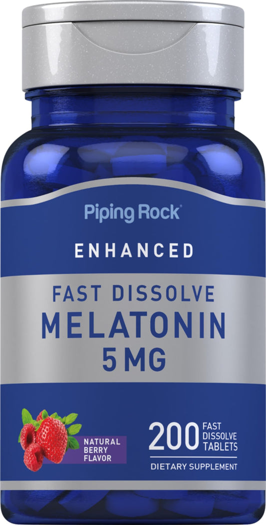 Piping Rock Melatonina 5mg – 200 Compresse a Scioglimento Rapido | Gusto Frutti di Bosco | Vegetariano, Senza OGM, Senza Glutine