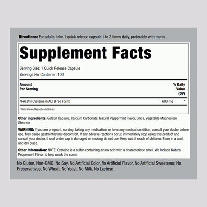 Piping Rock NAC 600mg N-Acetyl Cysteine - 100 Capsules | Non-GMO, Gluten Free