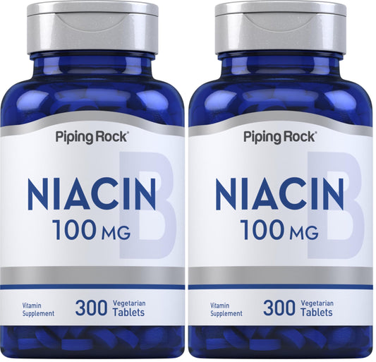 Piping Rock Niacin 100 ملجم – 300 قرص | مع خاصية الاحمرار | نباتي، غير معدل وراثيًا، خالي من الجلوتين (عبوة من قطعتين)