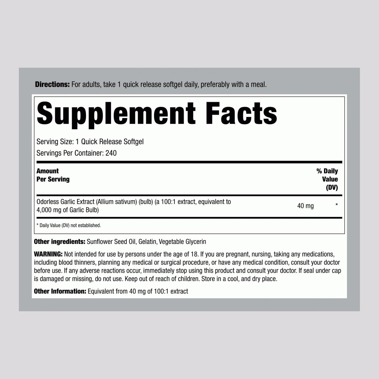 Piping Rock Odorless Garlic Softgels – 4000mg, 240 Count | Extra Strength | Non-GMO & Gluten Free