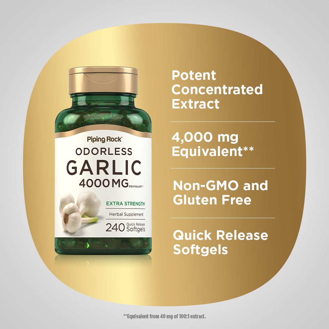 Piping Rock Odorless Garlic Softgels – 4000mg, 240 Count | Extra Strength | Non-GMO & Gluten Free