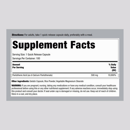 Piping Rock Pantothenic Acid 500mg – 100 Capsules | Calcium d-Pantothenate | Non-GMO, Gluten Free