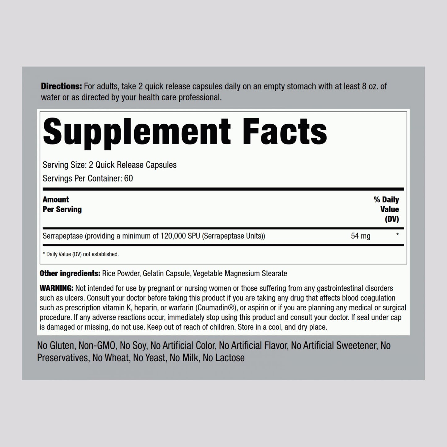 Piping Rock Serrapeptase 120000 SPU – 120 Capsules | Digestive Enzyme | Non-GMO, Gluten Free