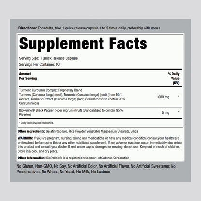 Piping Rock Turmeric Curcumin 1000mg with Black Pepper – 90 Capsules | Non-GMO, Gluten Free
