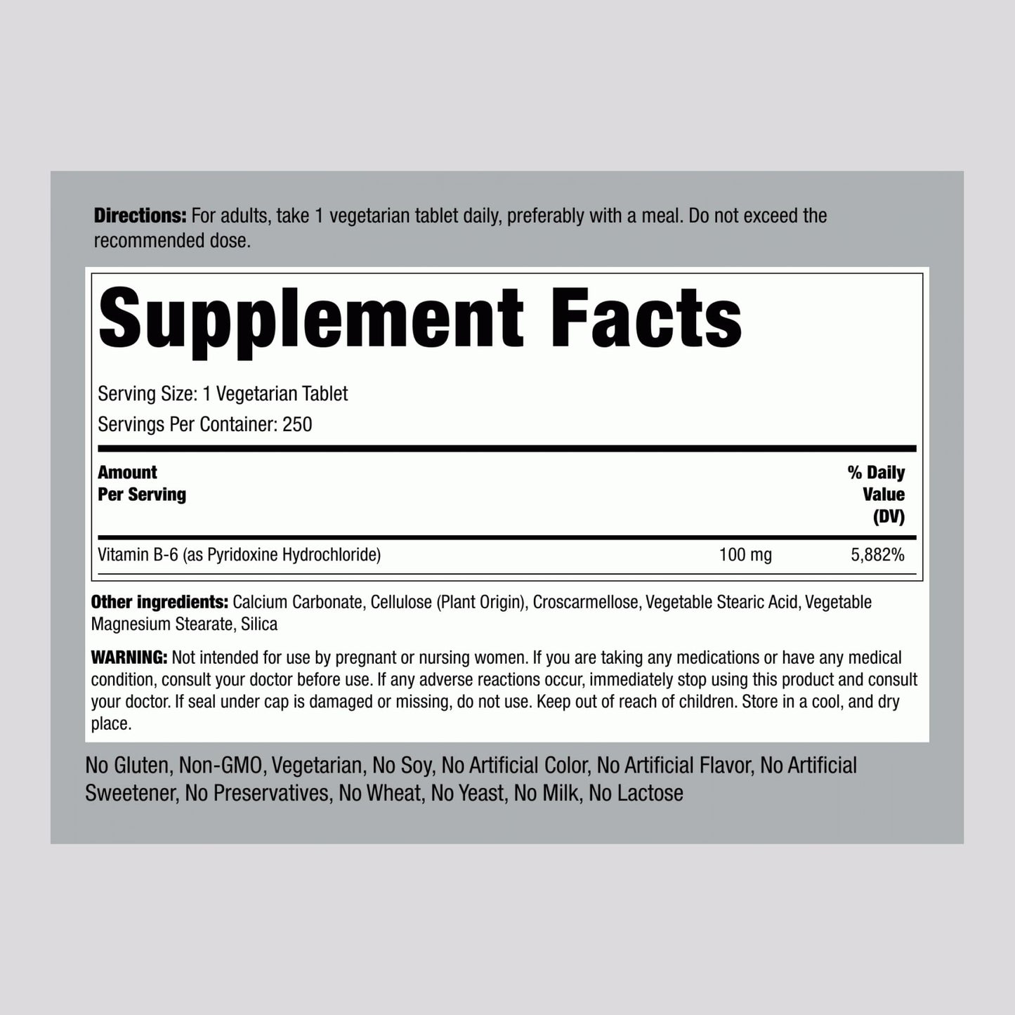 Piping Rock Vitamin B-6 100mg Supplement | 250 Tablets | as Pyridoxine Hydrochloride | Non-GMO & Vegetarian Formula