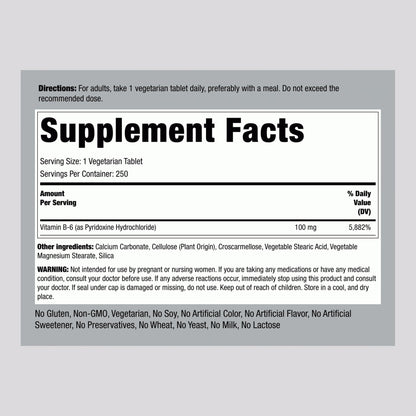 Piping Rock Vitamin B-6 100mg Supplement | 250 Tablets | as Pyridoxine Hydrochloride | Non-GMO & Vegetarian Formula