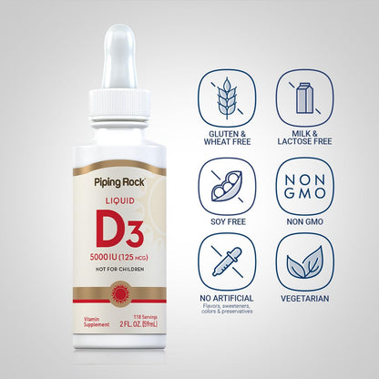 Piping Rock Vitamin D3 Liquid 5000 IU (125 mcg) - 2 oz | Vitamin D Drops for Adults | Vegetarian, Non-GMO, Gluten Free | Pack of 2