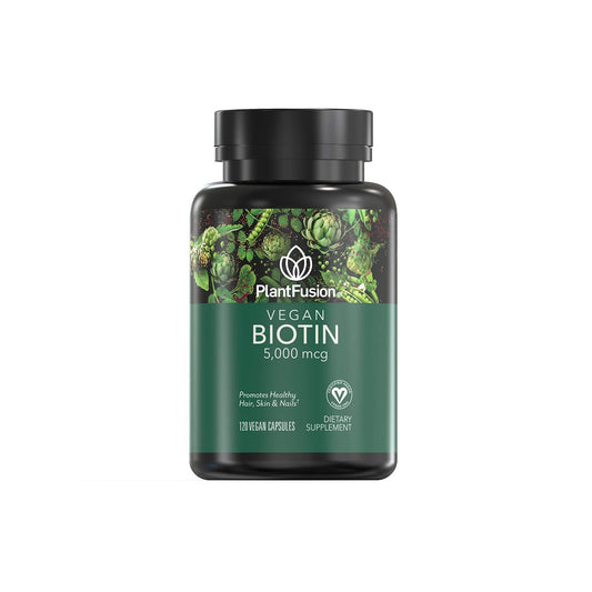 PlantFusion Biotina Vegana 5000mcg | Biotina Vegana Premium per Capelli, Pelle e Unghie | 120 Capsule Vegane