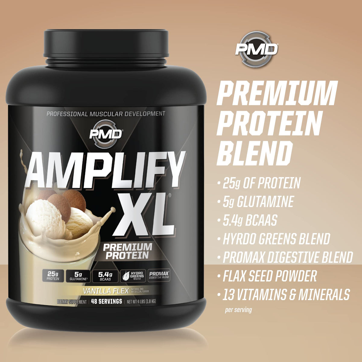 PMD Amplify XL Premium Whey Protein with Hydro Greens Blend – Vanilla Flex