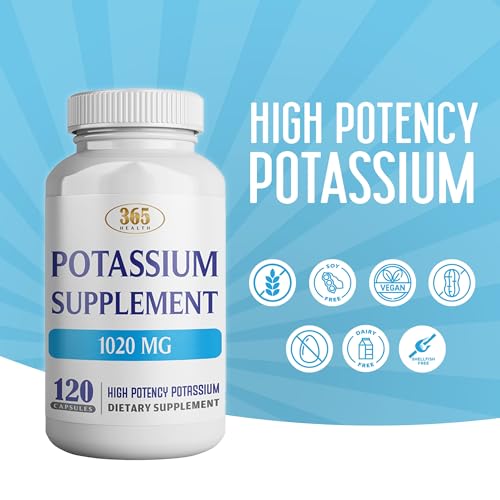 365 Health Potassium Supplement 1020 mg | Potassium Bicarbonate | Non-GMO | Gluten Free | Made in USA | 120 Vegetarian Capsules