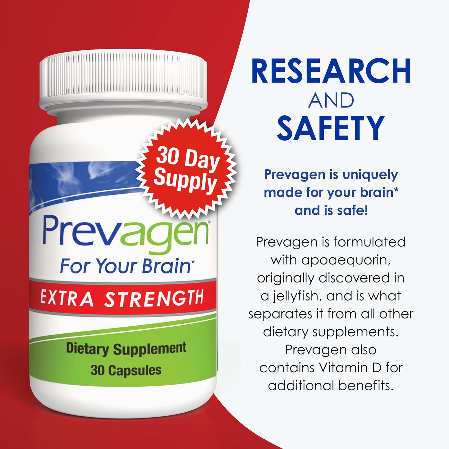 Prevagen Extra Strength 30 Capsules (2 Pack) – Apoaequorin 20mg + Vitamin D3 for Brain Support