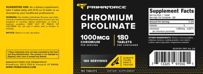 PrimaForce Chromium Picolinate 1000mcg, 180 Tablets | Non-GMO, Gluten Free