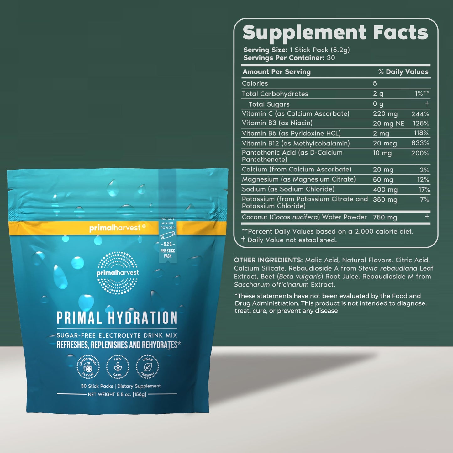 Primal Harvest Electrolytes Powder Packets – Primal Hydration, Lemon Berry, 60 Sticks (2-Pack)