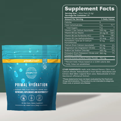 Primal Harvest Electrolytes Powder Packets – Primal Hydration, Lemon Berry, 60 Sticks (2-Pack)