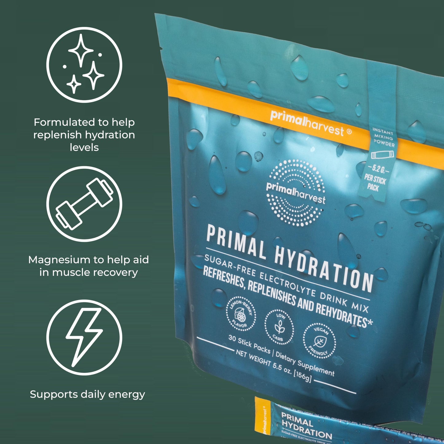 Primal Harvest Electrolytes Powder Packets – Primal Hydration, Lemon Berry, 60 Sticks (2-Pack)