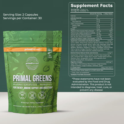 Primal Harvest Primal Greens Powder 2 Pack — 30 Servings Daily Supergreens with Spirulina, Mushroom Blend & Probiotics