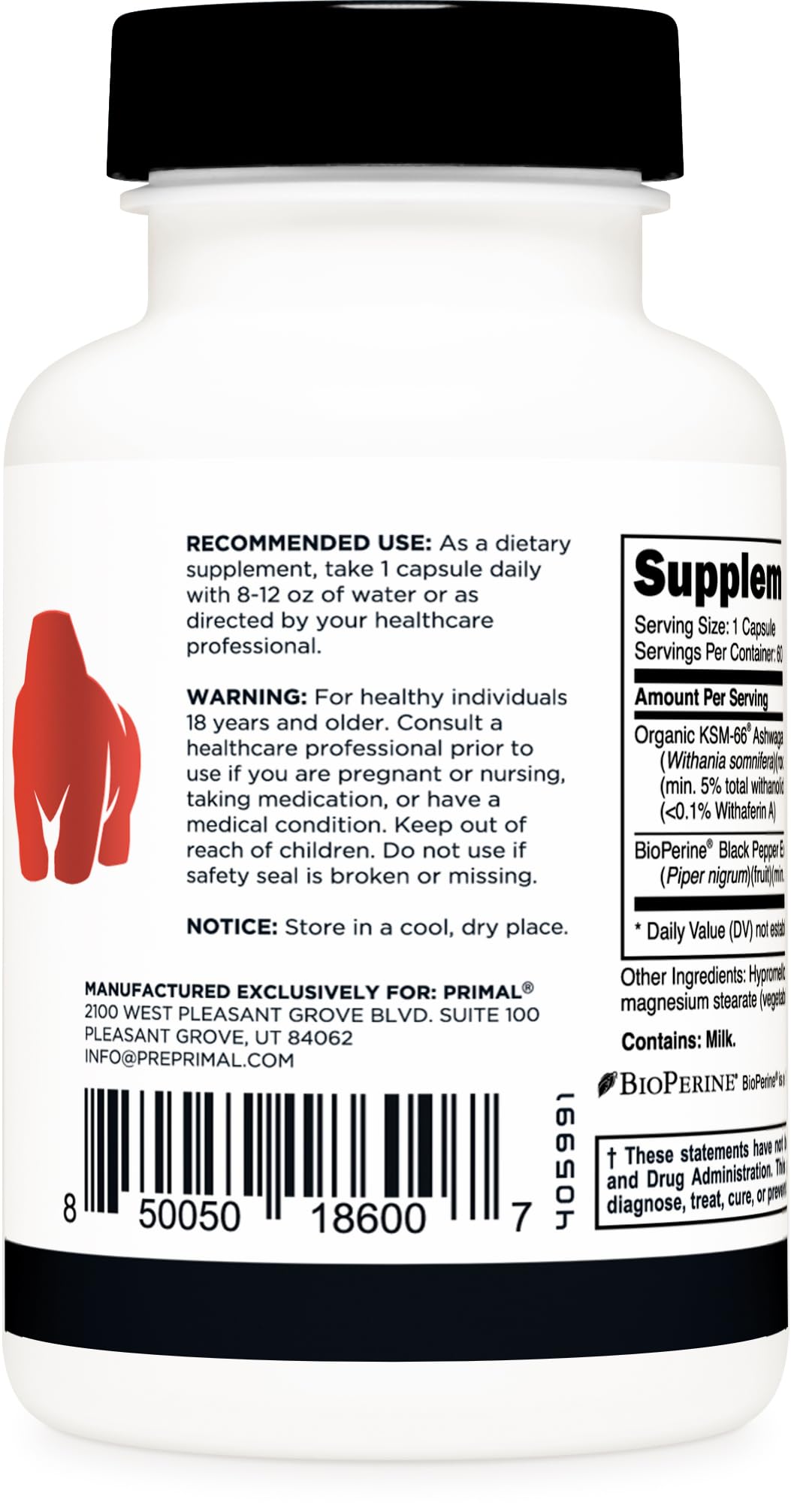 Primal KSM-66 Ashwagandha Complex – 60 Capsules (600 mg per Serving) | BioPerine, Gluten Free, Non-GMO