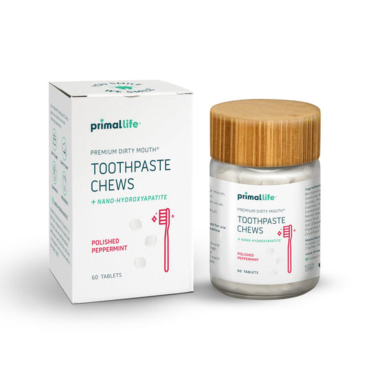 Primal Life Organics أقراص تنظيف الأسنان Dirty Mouth Toothpaste Chews - تبييض بالنانو هيدروكسي أباتيت، 60 قطعة، خالية من الغلوتين