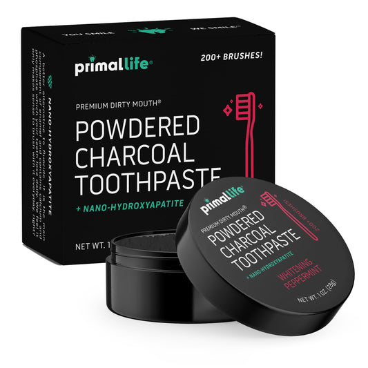 Primal Life Organics مسحوق أسنان ديرتي ماوث – فحم منشط مع الكاولين وطين البنتونيت، عضوي ونباتي، 1 أونصة (نعناع أسود) | 200+ استخدام بالفرشاة