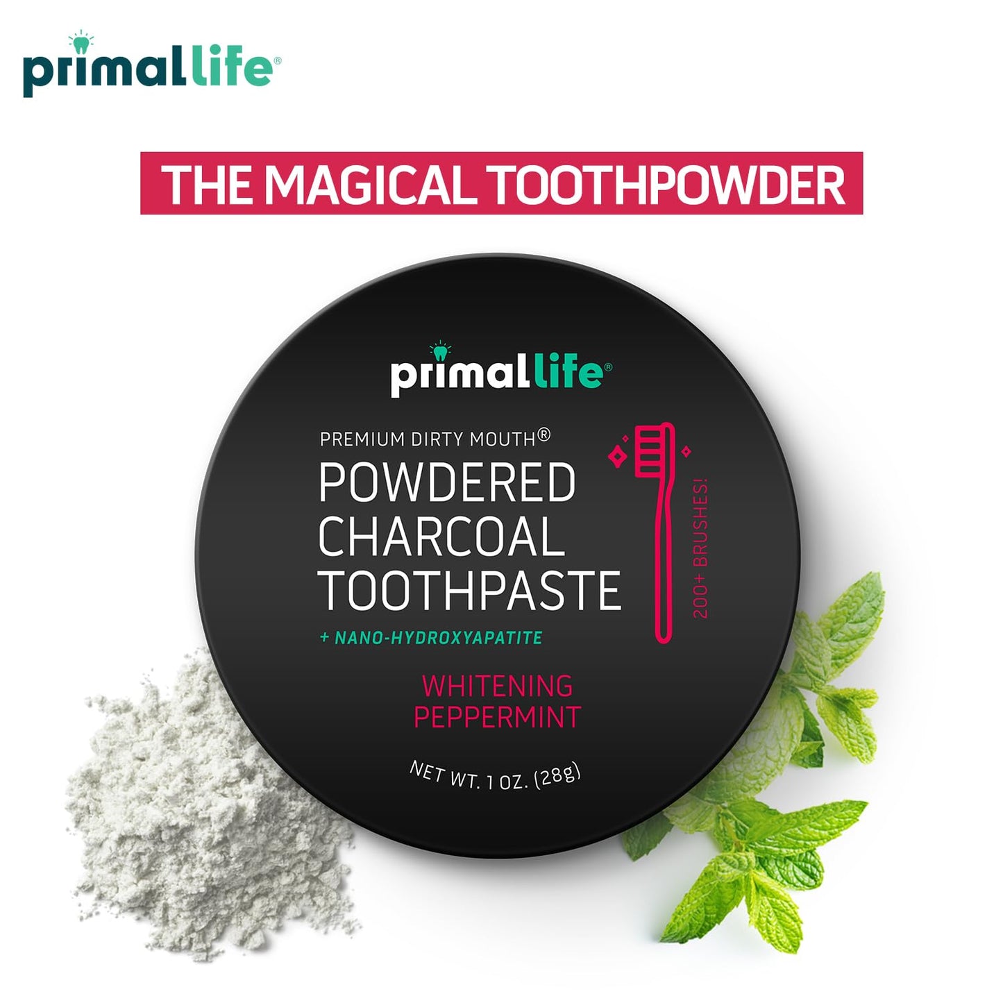 Primal Life Organics Dirty Mouth Toothpowder – Activated Charcoal with Kaolin & Bentonite Clay, Organic, Vegan, 1 oz (Black Peppermint) | 200+ Brushings