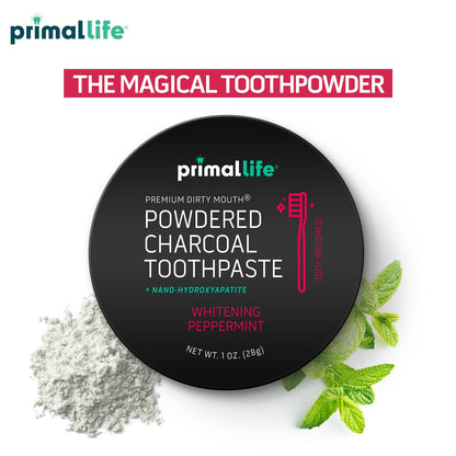 Primal Life Organics Dirty Mouth Toothpowder – Activated Charcoal with Kaolin & Bentonite Clay, Organic, Vegan, 1 oz (Black Peppermint) | 200+ Brushings