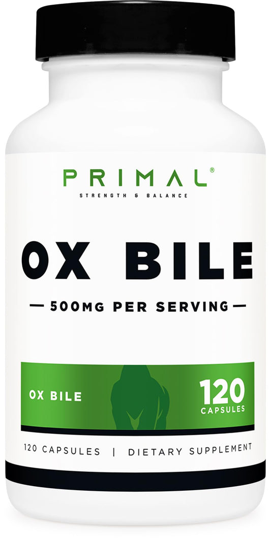 Primal Ox Bile - 120 كبسولة | 500 ملغ لكل جرعة | خالٍ من الغلوتين وغير معدّل وراثيًا | مختبر من طرف ثالث