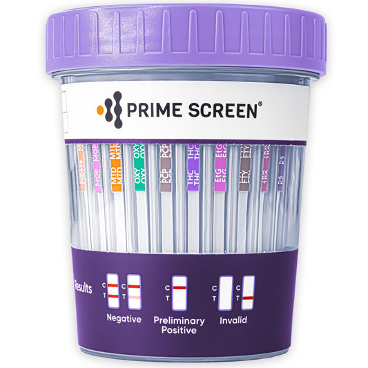 كأس اختبار المخدرات في البول من برايم سكرين طقم 16 لوحة – 25 عبوة (AMP, BAR, BUP, BZO, COC, mAMP, MDMA, MOP/OPI, MTD, OXY, PCP, THC, ETG, FTY, TRA, K2) – CDOA-9165EFTK