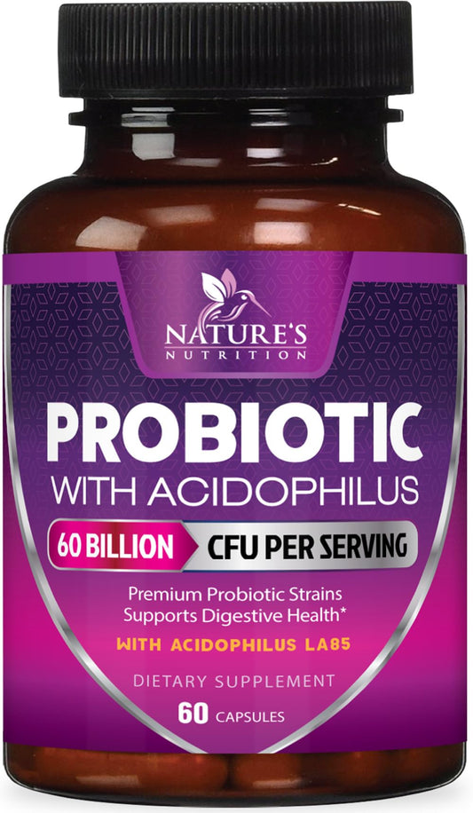 Probiotics 60 Billion CFU | 10 Strains + Prebiotics | Digestive, Gut & Immune Support | 60 Capsules