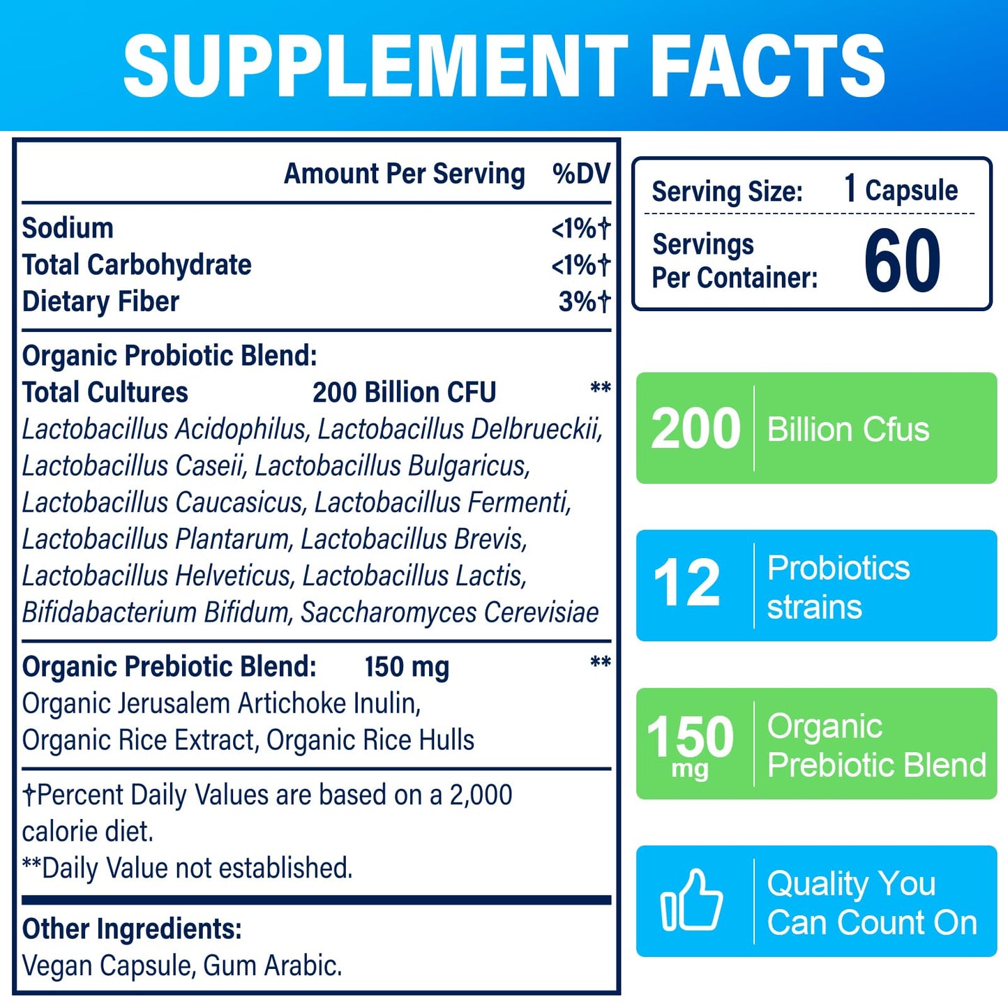 Probiotics for Women & Men | 200 Billion CFUs, 12 Strains | Daily Probiotic with 3 Prebiotics | Shelf-Stable & Vegan, 60 Caps