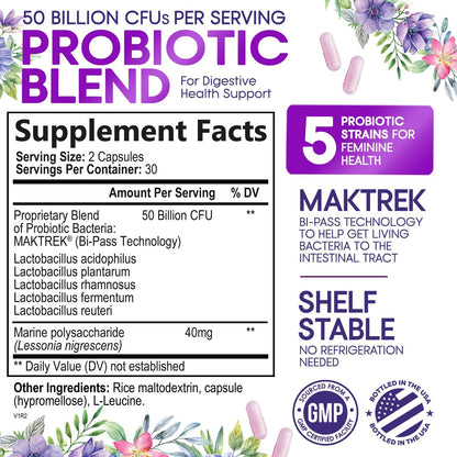 Probiotics for Women’s Digestive Health – 50 Billion CFU, 5 Strains, Urinary & Vaginal Support | USA Bottled