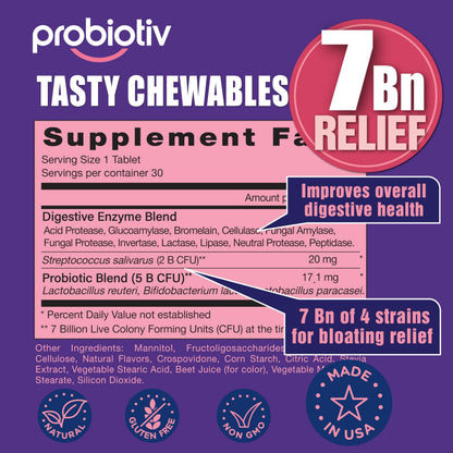 Probiotiv Gas & Bloating Support — 7B CFU Chewable Probiotics for Gut Comfort