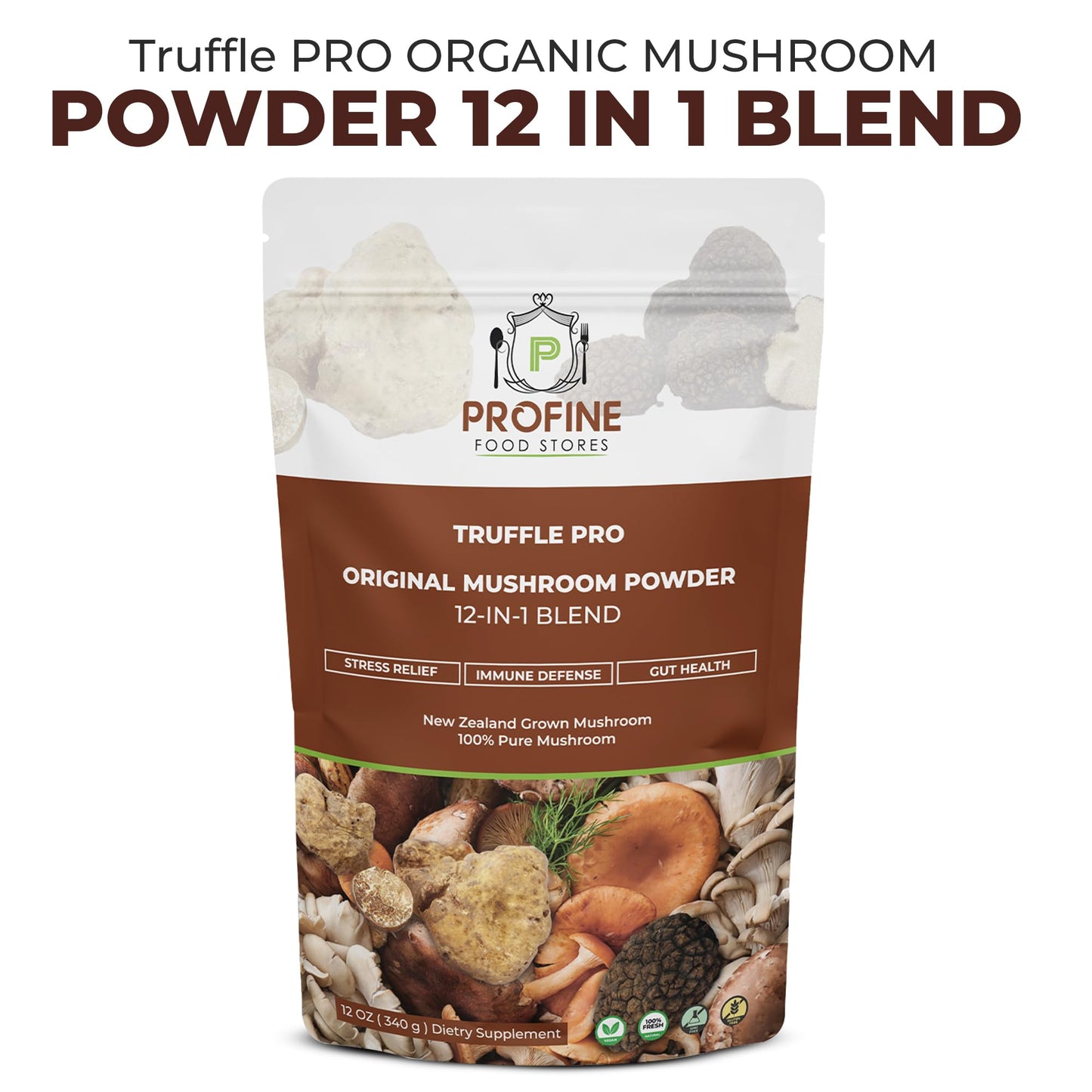 PROFINE Truffle PRO Mushroom Powder 12-in-1 – Organic, Black & White Truffle, 2 g Serving