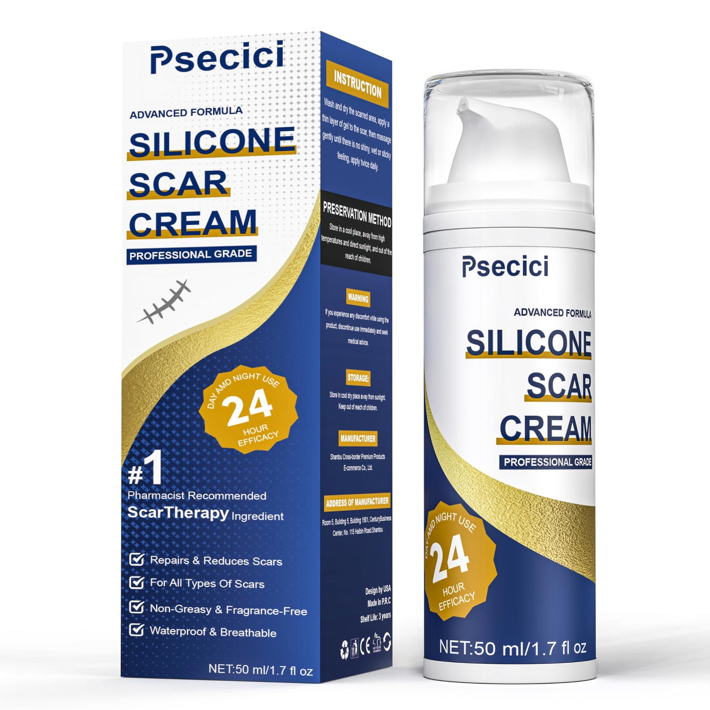 Psecici Silicone Scar Gel – Advanced Scar Cream (1.7 oz) for Surgical & Acne Scars