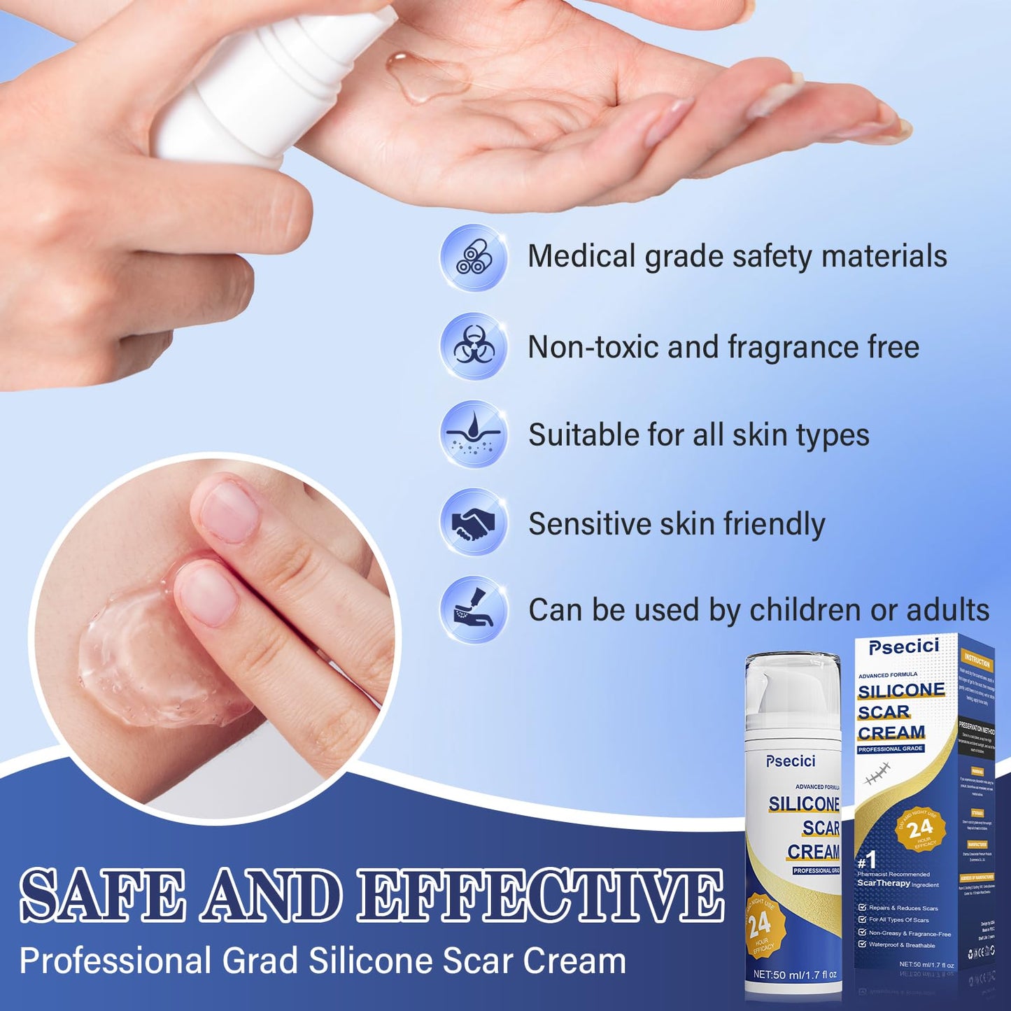 Psecici Silicone Scar Gel – Advanced Scar Cream (1.7 oz) for Surgical & Acne Scars
