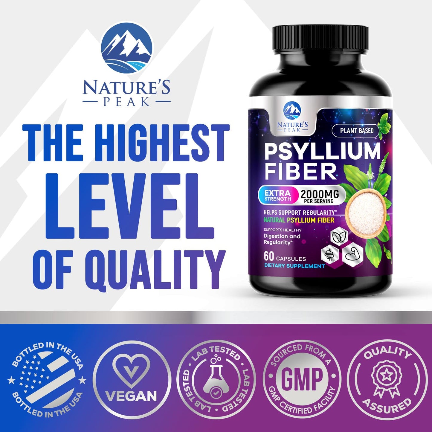 Psyllium Husk Fiber 1500mg – Vegan Prebiotic, Soluble Fiber for Digestive Health | 60 Capsules