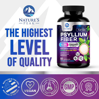 Psyllium Husk Fiber 1500mg – Vegan Prebiotic, Soluble Fiber for Digestive Health | 60 Capsules