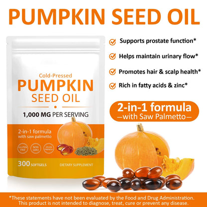 Pumpkin Seed Oil Capsules with Saw Palmetto — Cold-Pressed for Hair Growth, Prostate & Urinary Health | Non-GMO, 300 Softgels