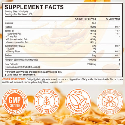 Pumpkin Seed Oil with Saw Palmetto - 3000mg Per Serving, 300 Softgels - Cold Pressed, Pure Virgin Oil, Essential Fatty Acids & Phytosterols - Supports Hair, Urinary, Bladder & Prostate Health, Non-GMO