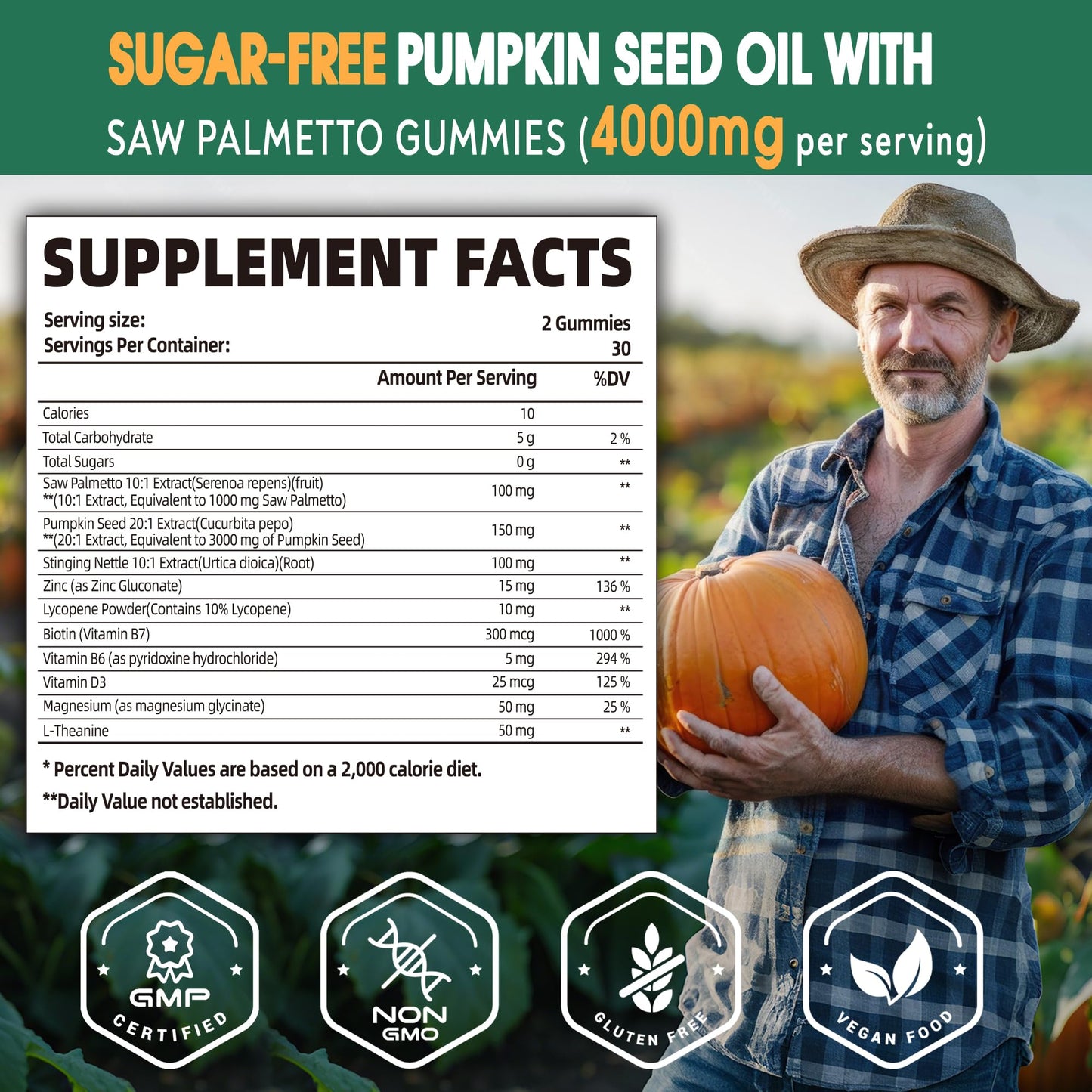 Pumpkin Seed Oil with Saw Palmetto Gummies – Organic, Sugar-Free, Vegan, 60 Gummies
