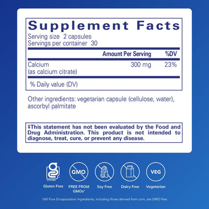Pure Encapsulations Calcium Citrate - 60 Capsules for Bone, Teeth, Heart & Colon Health
